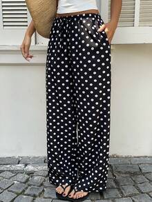 Sunnyshic 女士黑色波点印花低腰抽绳直筒阔腿裤，春夏度假波西米亚风优雅通勤复古简约百搭日常装 - 黑色 - 查看 3