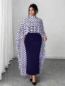 Elenzga Plus Size Chiffon Floral Print Ruffle Trim Cape Top + Knit Slip Dress Elegant 2-Piece Set For Party - Navy Blue - View 4