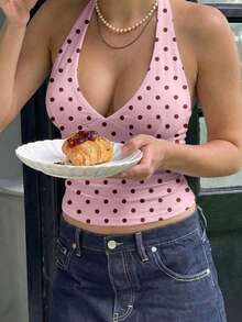 MainGRL Women's Casual Tight Halter Neck Camisole, Women's Summer Outfit, Y2K Style, Polka Dot Print - Multicolor - View 6