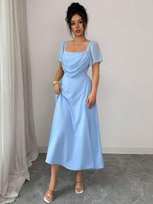 Elenzga Vestido ajustado de manga corta con cuello cuadrado y bajo acampanado, color azul cielo, para primavera/verano - Azul cielo - Ver 3