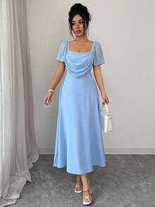 Elenzga Vestido ajustado de manga corta con cuello cuadrado y bajo acampanado, color azul cielo, para primavera/verano - Azul cielo - Ver 4