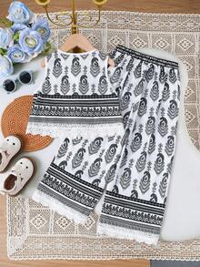 SHEIN 2 Stücke Kleine Mädchen Blümchen V-Ausschnitt Casual Trägerhemd und lange Hose Set - Verschiedenfarbig - Übersicht 9