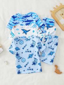SHEIN GraphicGems Bộ đồ ngủ 3 món cho bé trai sơ sinh và trẻ nhỏ, in hình phi hành gia, khủng long, cá mập, chất liệu vải thun co giãn, thoải mái, cổ tròn, tay ngắn, ôm sát người, gồm cổ áo và quần đùi. - Nhiều màu - Xem 2
