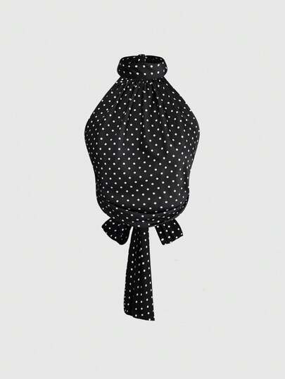 ROMWE Avant Women's Retro Vintage Sicilian French Romantic Valentine's Day Halter Backless Polka Dot Print Camisole