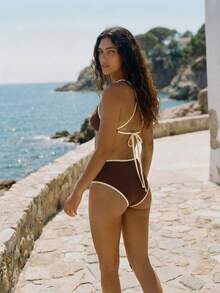 SHEIN Maija Bộ bikini hai mảnh màu cà phê, kiểu dây mảnh, quần short gợi cảm dành cho nữ. - màu nâu - Xem 6