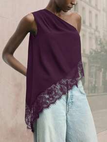 Maija 2026春夏初秋独立日七月女装不对称肩部设计现代都市女士夏季黑色纯色褶皱无袖休闲上衣 - 紫色 - 查看 8