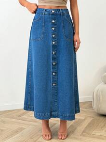 SHEIN High Waist Medium Wash Blue Button Front Long Midi Woman's Skirt - Medium Wash - View 4