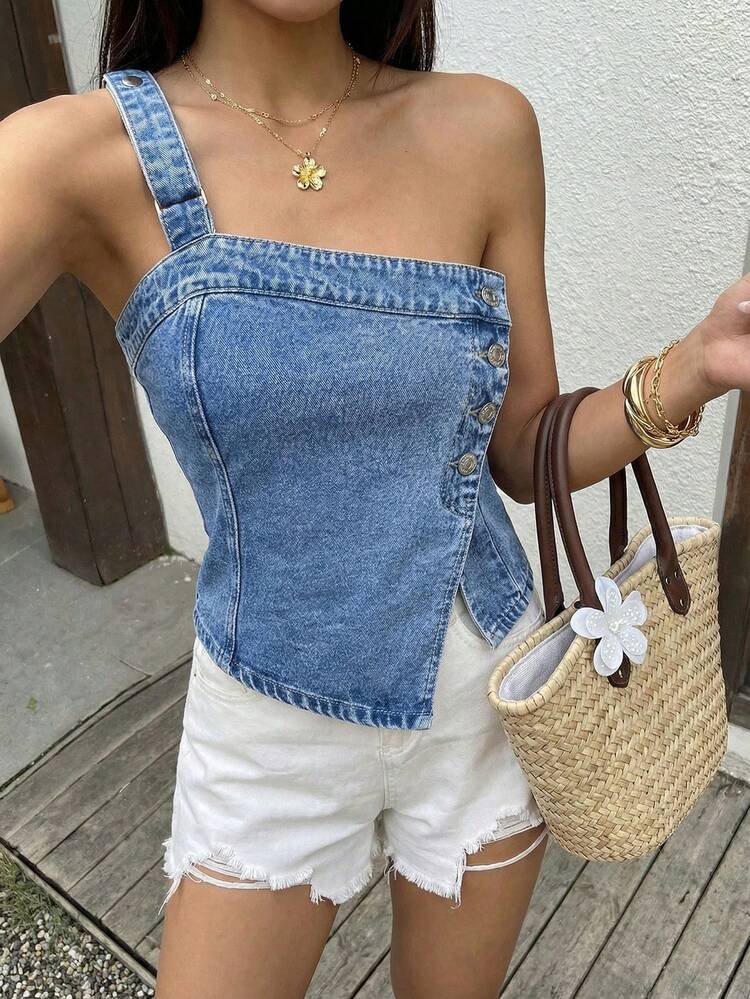 Sunnyshic Fashionable Casual Asymmetric Washed Denim Shoulder Top - Medium Wash - View 4