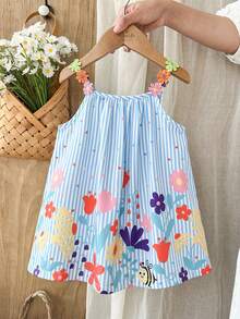 SHEIN Vintaside Kids 女婴彩色花卉丝带拼接条纹A字连衣裙，适合日常休闲和节日场合 - 彩色 - 查看 4