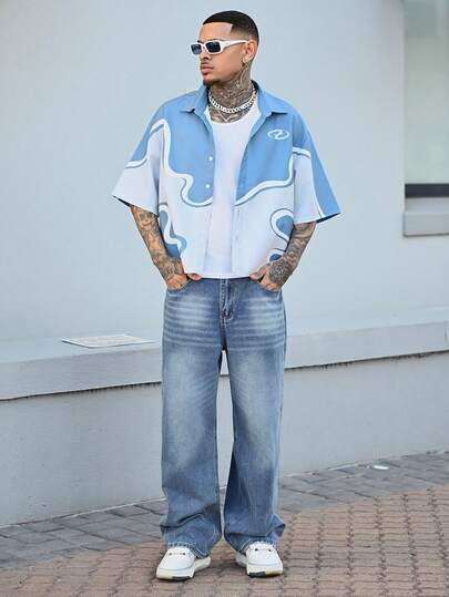 Devon Thys 1pc Justice Brother Vintage Washed Loose Fit Wide Leg Jeans, Casual & Couple Style (Distressed Hem)