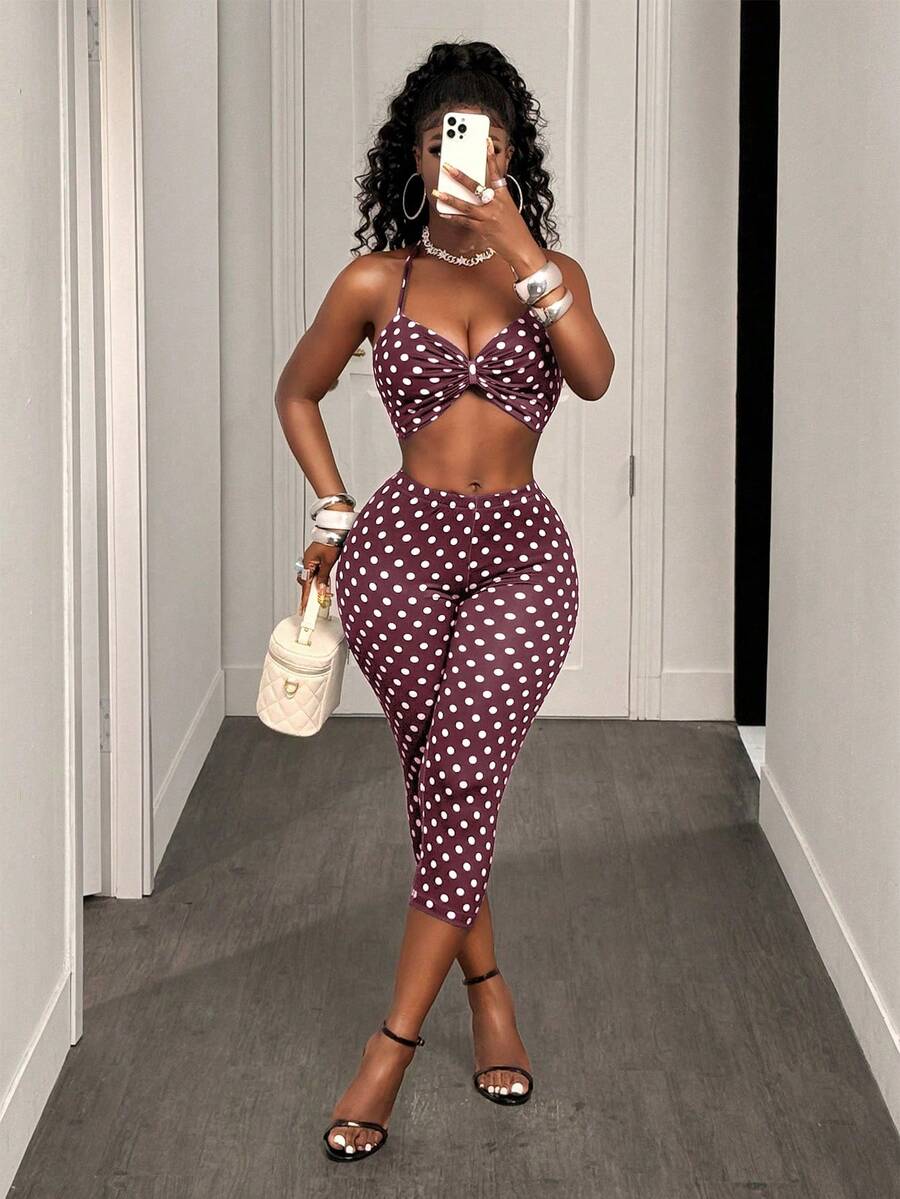 BamGleam 女士波点褶皱吊带背心和七分裤两件套休闲套装 女士波点露背上衣套装裤子套装 女士两件套 女士两件套休闲套装 女士夏季两件套 - 棕色 - 查看 1