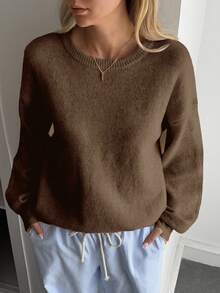 DAZY Suéter holgado y casual de cuello redondo para mujer, nueva llegada de otoño/invierno - Marrón - Ver 4