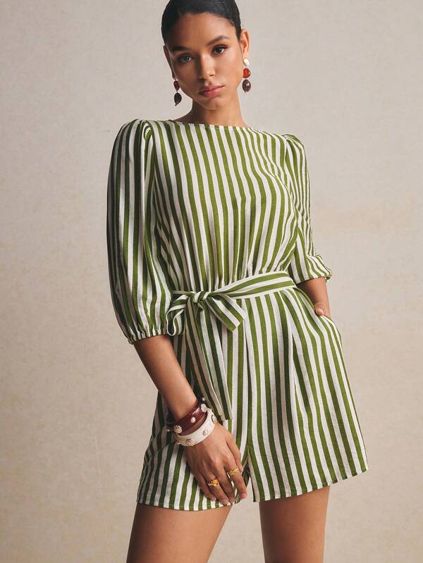 Poéselle 女士夏季休闲条纹灯笼袖连体裤