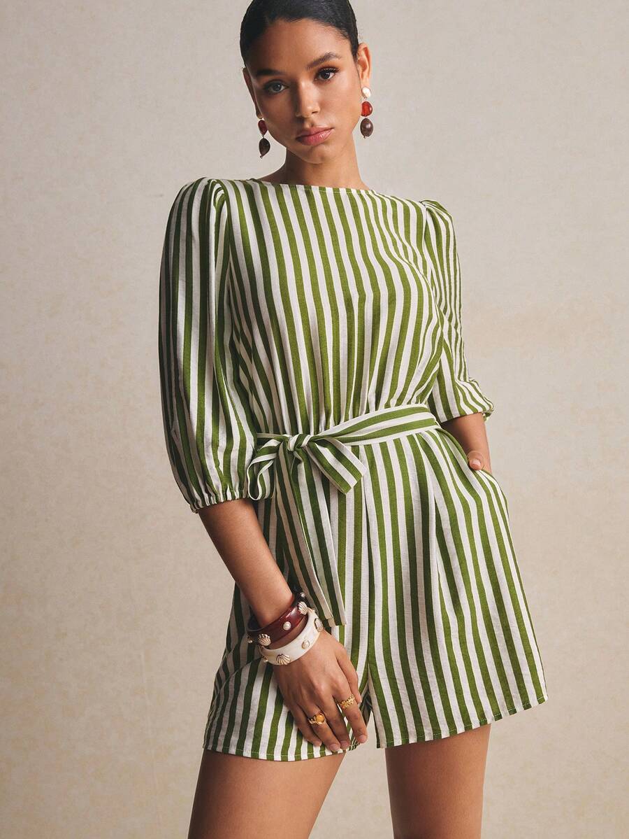 Poéselle Women's Summer Casual Woven Striped Lantern Sleeve Jumpsuit