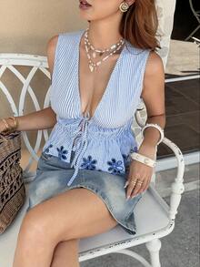 Serisse Women's Floral Hollow-Out Embroidery Deep V-Neck Tie Front Sleeveless Sexy Blouse - Baby Blue - View 8