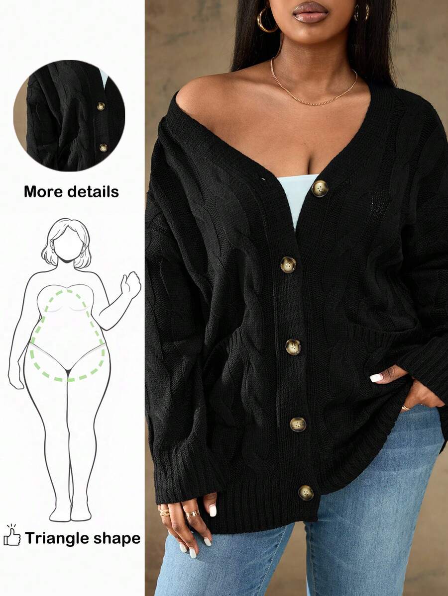 Truni Áo khoác Cardigan vá túi thả vai Plus, cho mùa đông - màu đen - Xem 1