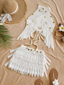 Soleia Fringe Detail Knit Top, Ibiza Style, Sexy Holiday Celebration Knit Vacation, Autumn/Winter - White - View 5