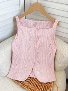 SHEIN 少女粉色纹理针织翻领无袖衬衫 - 粉色 - 查看 1
