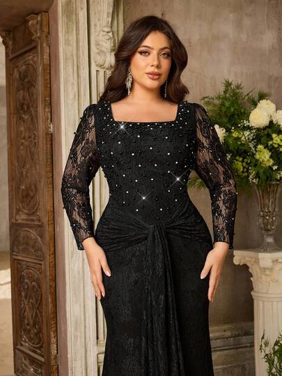 Aureia Plus Size Elegant Romantic Black Square Neck Sheer Long Sleeve Luxury Pearl & Rhinestone Waist Twist Ruffle Mermaid Hem Dress, Suitable For Wedding, Party, Formal Events, Gala (Heavily Embellished Design)