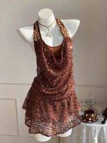 Comfortcana Women's Brown Button Decorative Swinging Neck Hanging Collar Folded Casual Mini Dress, Summer Outfits For Women,Summer Dresses For Women - Brown - View 6