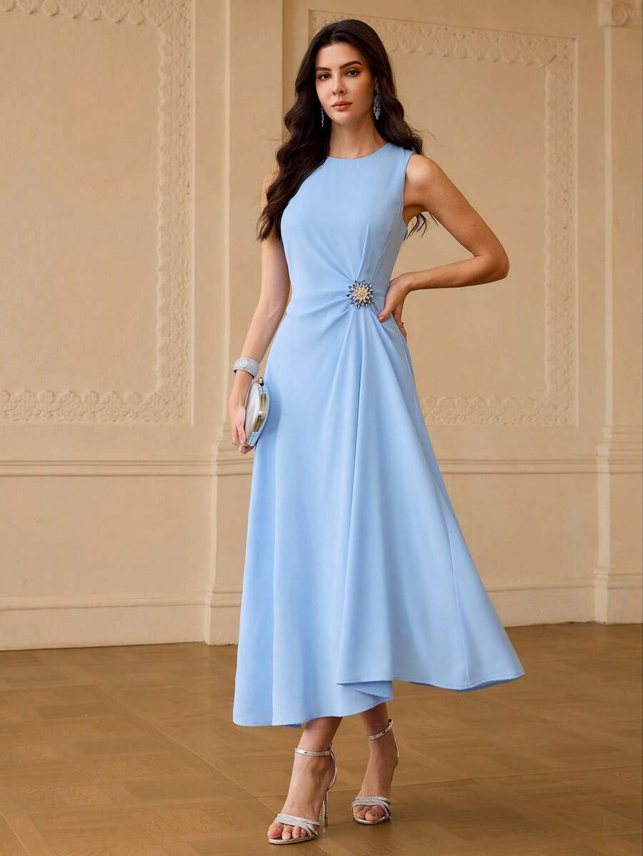 ZEYLAH 女士简约优雅水钻褶皱中长连衣裙 - 藍色 - 查看 1