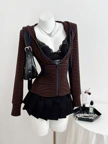Elamini 女士条纹长袖连帽卫衣，万圣节服装 - 棕色 - 查看 4