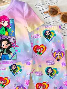 SHEIN 女童卡通字母印花圆领短袖上衣和短裤休闲睡衣套装 - 彩色 - 查看 5