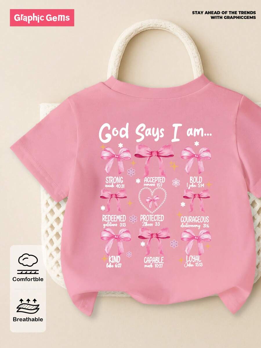 SHEIN Blus Kasual Lengan Pendek Leher Bulat Motif Huruf & Pita untuk Bayi Perempuan - Berwarna merah muda - View 1