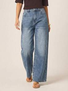 SHEIN Tall 女士时尚阔腿直筒口袋牛仔裤 - 彩色 - 查看 4