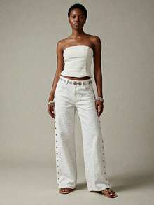 Maija Women's Fashion Wide Leg Pocket Jeans - White - View 5
