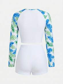 SHEIN 少女插肩袖热带植物印花上衣和短裤泳衣套装 - 粉色 - 查看 2