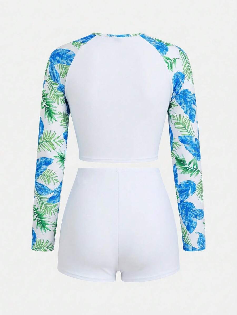 SHEIN Teen Girl Raglan Sleeve Tropical Plant Print Top And Shorts Swimwear Set - Pink - View 1
