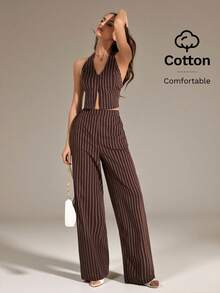 SHEIN Tall 咖啡棕色条纹OL V领露背无袖上衣+阔腿裤，显瘦修长套装，棕色条纹两件套，条纹阔腿裤，无袖吊带上衣，吊带上衣和裤子套装，女士阔腿裤套装 - 咖啡棕 - 查看 4