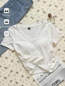 SHEIN EZwear 女士纯色V领褶皱休闲百搭日常短袖T恤 - 白色 - 查看 7