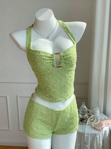 Comfortcana 女士纯色金属装饰吊带上衣和超短裤套装 - 薄荷綠 - 查看 6