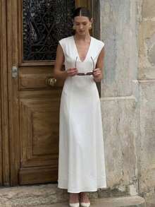 Aloruh 女士夏季纯白色混纺休闲连衣裙，米色，优雅迷人，性感深V腰身A字设计，适合正式派对、婚礼、生日等场合，也可作为教师服装穿着。 - 米色 - 查看 3