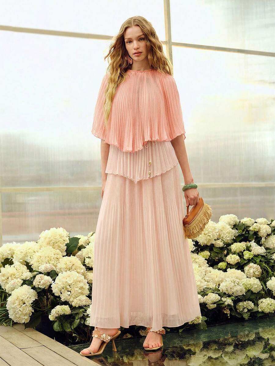 MOTF PREMIUM WOMEN'S PLEATED ROUND NECK CONTRAST COLOR ROMANTIC LONG DRESS, SPRING/SUMMER - Pink - View 1