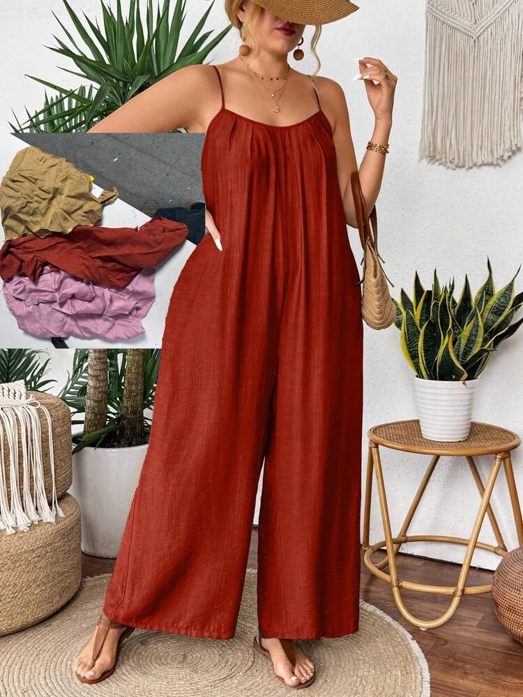 SHEIN Clasi Plus Size Summer Casual Solid Color Pleated Pocket Jumpsuit - Redwood - View 8