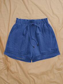 Almamuse Pantalones cortos casuales y versátiles de mujer talla grande de unicolor con cordón en la cintura y bolsillos - Azul Marino - Ver 5