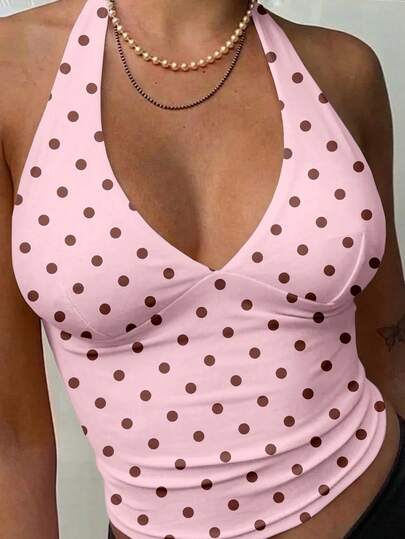 MainGRL Women's Casual Tight Halter Neck Camisole, Women's Summer Outfit, Y2K Style, Polka Dot Print