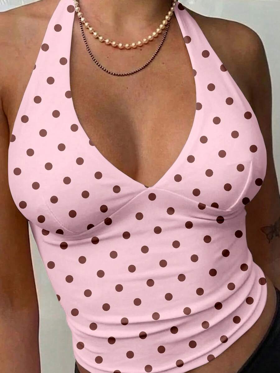 MainGRL Women's Casual Tight Halter Neck Camisole, Women's Summer Outfit, Y2K Style, Polka Dot Print - Multicolor - View 1