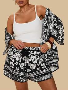SHEIN TRVLCHIC Plus Size Tropical Print Shirt And Shorts Set, Casual Holiday Outfit - Black and White - View 7