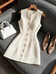 SHEIN Franclia Vestido mini casual de mujer con cuello redondo y abotonado sencillo para uso diario - Blanco - Ver 1