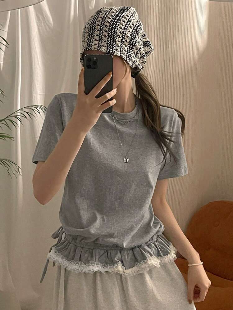 Women's Round Neck Layered Frill Trim Fitted T-Shirt Summer