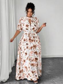 Elenzga 大码休闲夏季碎花沙滩度假浪漫优雅连衣裙 女士夏季连衣裙 女士优雅套装 - 橘色 - 查看 6