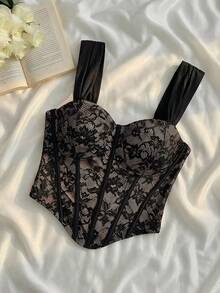 SHEIN MOD 女士优雅黑色蕾丝吊带背心，夏季必备 - 黑色 - 查看 4