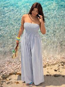 SHEIN EZwear 大码女式度假露背阔腿蓝色条纹连体裤格纹女士夏季无肩带连体裤条纹套装沙滩装 - 藍白色 - 查看 3