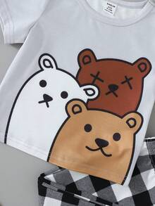 SHEIN Baby Boy Cute Cartoon Penguin Print Round Neck Short Sleeve T-Shirt And Plaid Pattern Loose Casual Pajama Pants 2pcs Set - Ginger - View 5