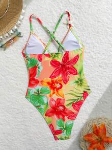 Swim Vcay Summer New Arrival Bestselling Tropical Hibiscus Print High Cut Spaghetti Strap Deep V Triangle Cup Romantic Beach Vacation One-Piece Swimsuit For Women - Multicolor - View 3