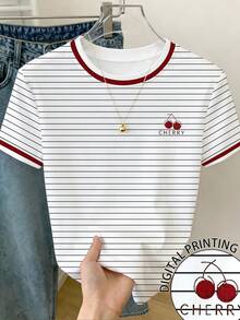 Resyla Striped & Cherry Print Round Neck T-Shirt For Women - White - View 1
